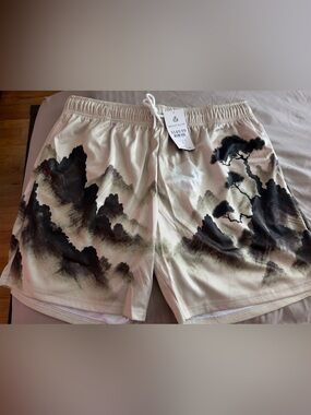 Allure Cream Athletic Shorts with Ink Mountain Print